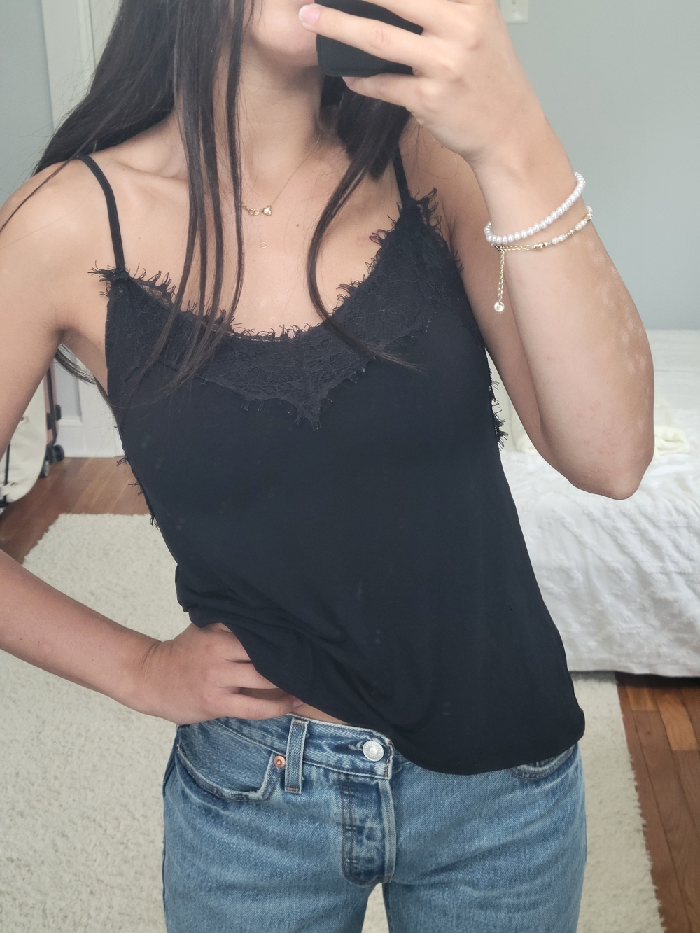 Black Lace-Trim Spaghetti Strap Top